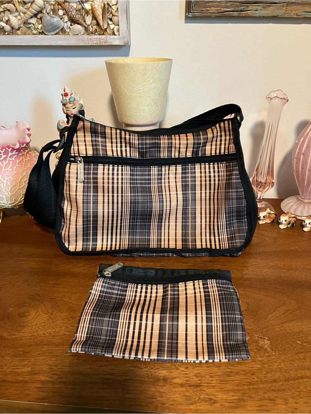 Lesportsac Plaid Black and Tan Crossbody Bag with Pouch